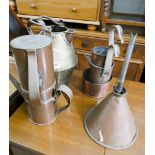 Wine funnel, copper measures, brass jug,