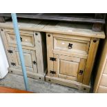 A pair of Mexican pine bedside cabinets each fitted one drawer with iron furniture