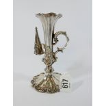 A silver chamber stick complete with its snuffer, scrolling leaf decoration on fluted base,