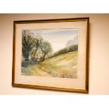 Watercolour of a country path with gate and fence, signed Rex Trayhorne,