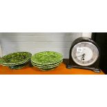 Mantle clock and five green cabbage plates