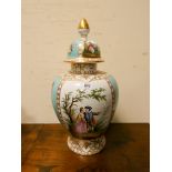 An Augustus Rex Dresden style turquoise gilt and figure decorated jar with lid approx 21" tall