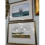 A watercolour by Christopher Hollick of Mudeford and a print of a sailing ship