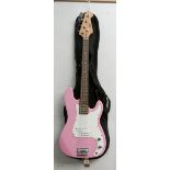 A pink and white Swift electric bass guitar with soft case