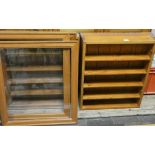 Three wall fixing pine shelf unit display cabinets with glazed perspex doors each