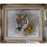 Tony Forrest original oil on canvas depiction of a Tigers head, signed,