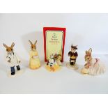 A group of five Royal Doulton Bunnykins figures: Little Jack Horner, Sailor Bunny, Doctor,