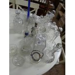 Various glass decanters, biscuit barrel fruit bowl,