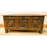 A French oak three panel carved front coffer 3'3 wide
