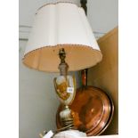 Antique copper warming pan and a marble table lamp with shade