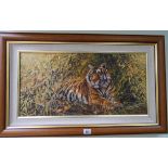 Tony Forrest original oil on canvas painting of a tiger amongst bamboo,