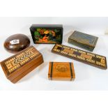 A Russian lacquered rectangular trinket box, Mauchline ware casket, crib boards, scorers,