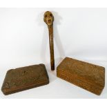 A carved monkey head walking cane as found and two Indonesian carved hardwood boxes