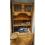 A pine kitchen dresser with glazed top and three long drawers under approx 32" wide