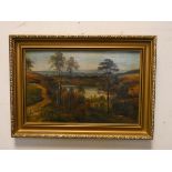 G. Willis, small oil painting of a country scene with lake in gilt frame, 7.5" X 11.