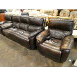 An electrically operated reclining three piece lounge suite in chocolate brown leather