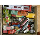 A small box of played with model Corgi, Dinky and other model cars,