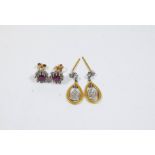 Pair of ruby heart shaped cluster ear studs on 9ct gold posts and a pair of 18ct gold modern drop