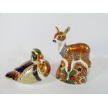 Royal Crown Derby Collectors Guild fawn paperweight and Carolina duck paperweight
