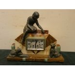 A French striking mantel clock in coloured marble case mounted with young girl and cats