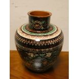 A large painted decorated terracotta bulbous shaped vase or bowl 15" high