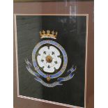 A pair of gilt framed paintings of ships crests, one is Rebound one is Royal Australasia Tour 1927,