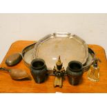 Two plated trays, copper scoops,