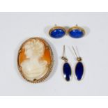 Two pairs of 9ct gold and lapis set ear studs and a gold framed cameo brooch.