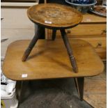 Teak coffee table and a three legged milking stool