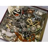 A large tray of silver jewellery, costume jewellery,