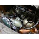 A large box of assorted brass plated and other metal ware