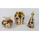 Royal Crown Derby old Imari pattern ginger jar and cover, a candle snuffer and a posy vase,
