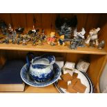 Quantity of assorted toy soldiers, metal figures, blue and white toilet jug and bowl, meat plates,