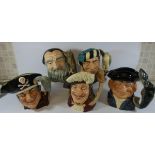 A collection of five Royal Doulton character jugs: Lobster Man, Porthos, Long John Silver,