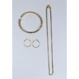 9ct gold - bangle - as found, a neck chain and a pair of earrings, gross weight 24.