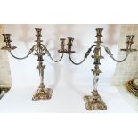 Large pair of silver plated three branch candelabra,