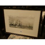 A black and white engraving of warships signed H L Wyllie