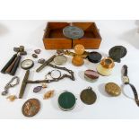Collectibles to include ivory framed miniature telescope, watches, compass, bronze plaques etc,