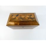 A Victorian Rosewood and Tunbridge ware inlaid tea caddy of rectangular form with two compartments