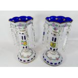 A pair of Bohemian enamelled and blue glass lustres,