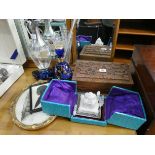 Blue and gilt glass liqueur set, claret jug, etched wine jug, miniature Taj Mahal, carved box,