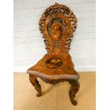 19th century carved Black Forest marquetry hall chair,