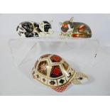 A collection of three Royal Crown Derby paperweights to include Turtle (retired),