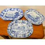 Three various Victorian blue and white meat plates decorated with castle scenes