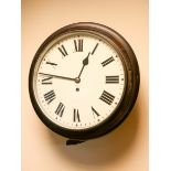 A Victorian circular GPO wall clock with fusee movement and white enamel dial with Roman numerals