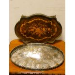 A Victorian floral marquetry shaped tray with brass gallery and an oval plated tray