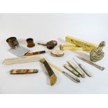 A tray of interesting collectable's to include silver bladed mother of pearl handled pen knives,