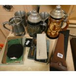 Two beer steins, five tankards, micrometre, Vernier gauge, other engineering tools etc,