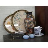 A pair of framed needlework pictures, oriental vase, teaspoons,