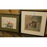 A Japanese watercolour of figures by a horse and cart and another of flowers